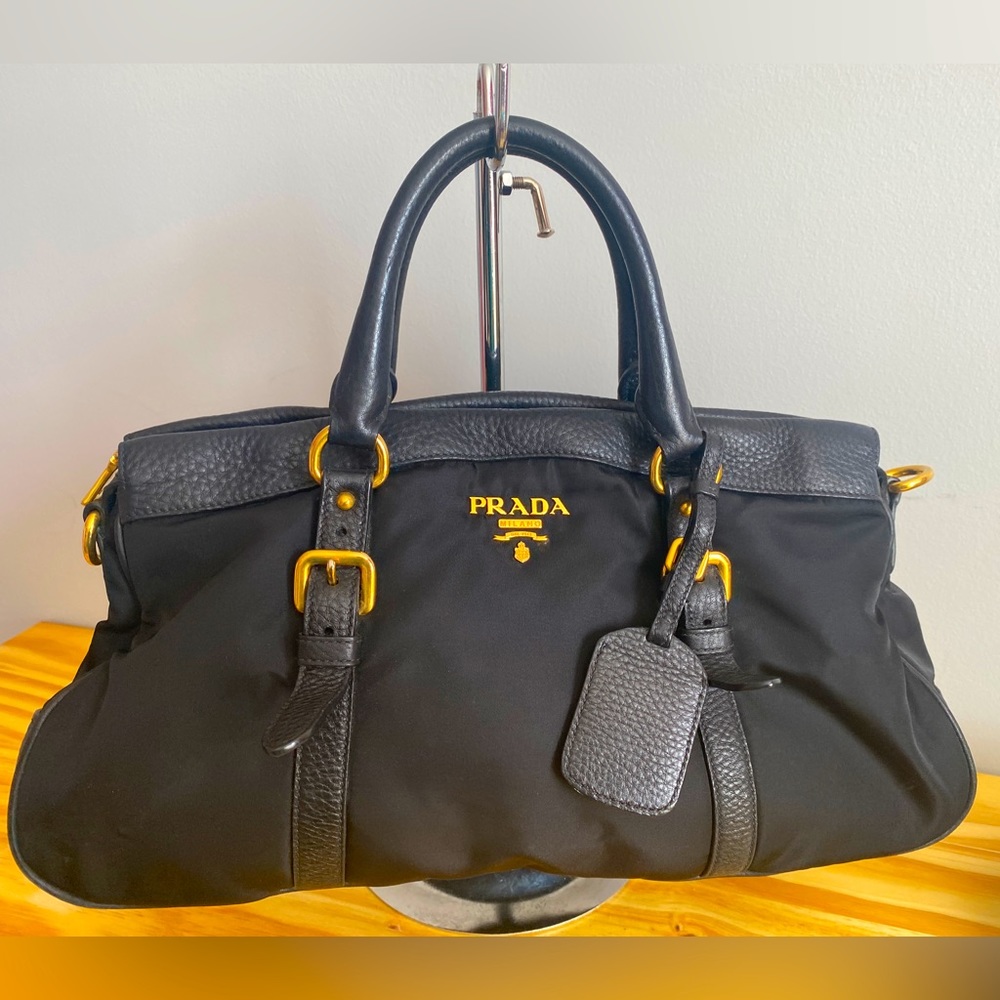 Prada Black Nylon Satchel with Gold-Tone Hardware and Leather Trim